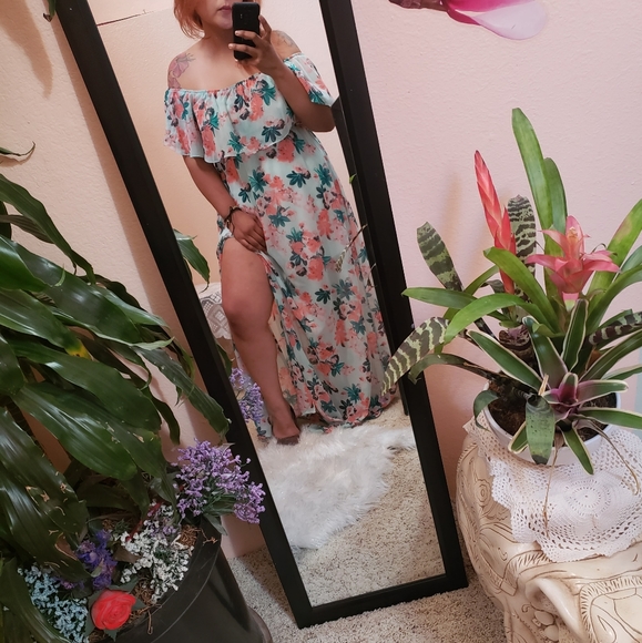 BLUE DRESS SILK FLOWER PRINT OFF SHOULDER MAXI MULTIPLE SIZES AVAILABLE - Picture 2 of 7